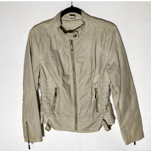 Vintage Roosevelt American College Beige Distressed Faux Leather Jacket M - Picture 1 of 16